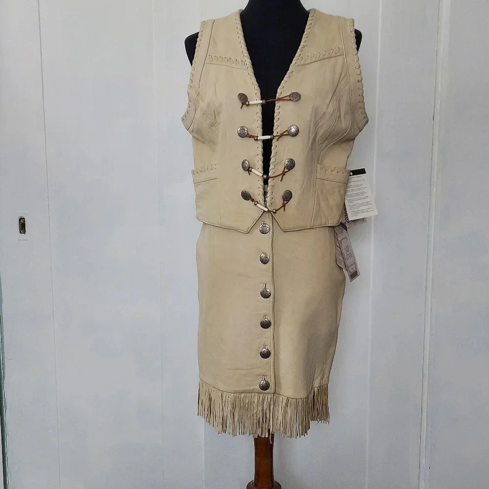 Pioneer Wear Vintage NOS Cream Leather Button Down Front Fringed A-Line Skirt‎